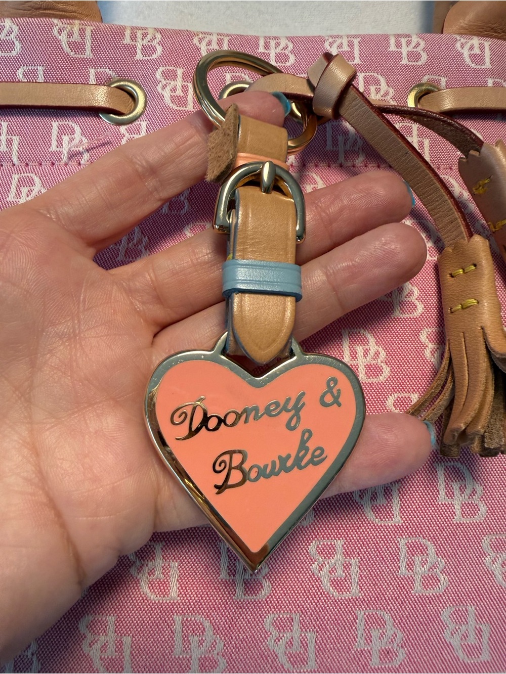 Vintage Dooney & Bourke Pink Monogram Canvas Small Tote Satchel Y2K Heart Charm - Picture 3 of 14